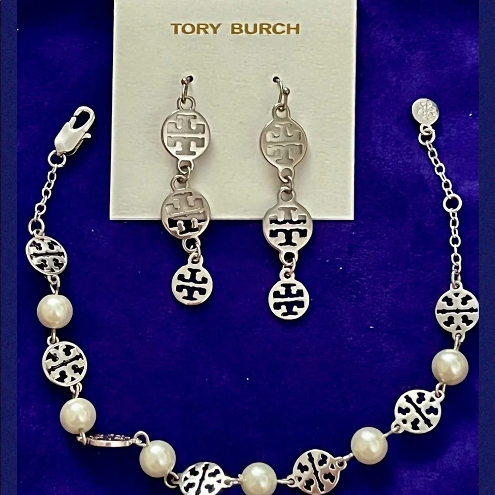 🆑 BUNDLE OF 2 TORY BURCH BRACELET & EARRINGS SILVER-PEARLS SET PRICEFIRM